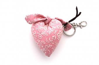 pink with white flowers heart fabric keyring
