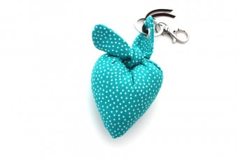 turquoise with white dots heart fabric keyring